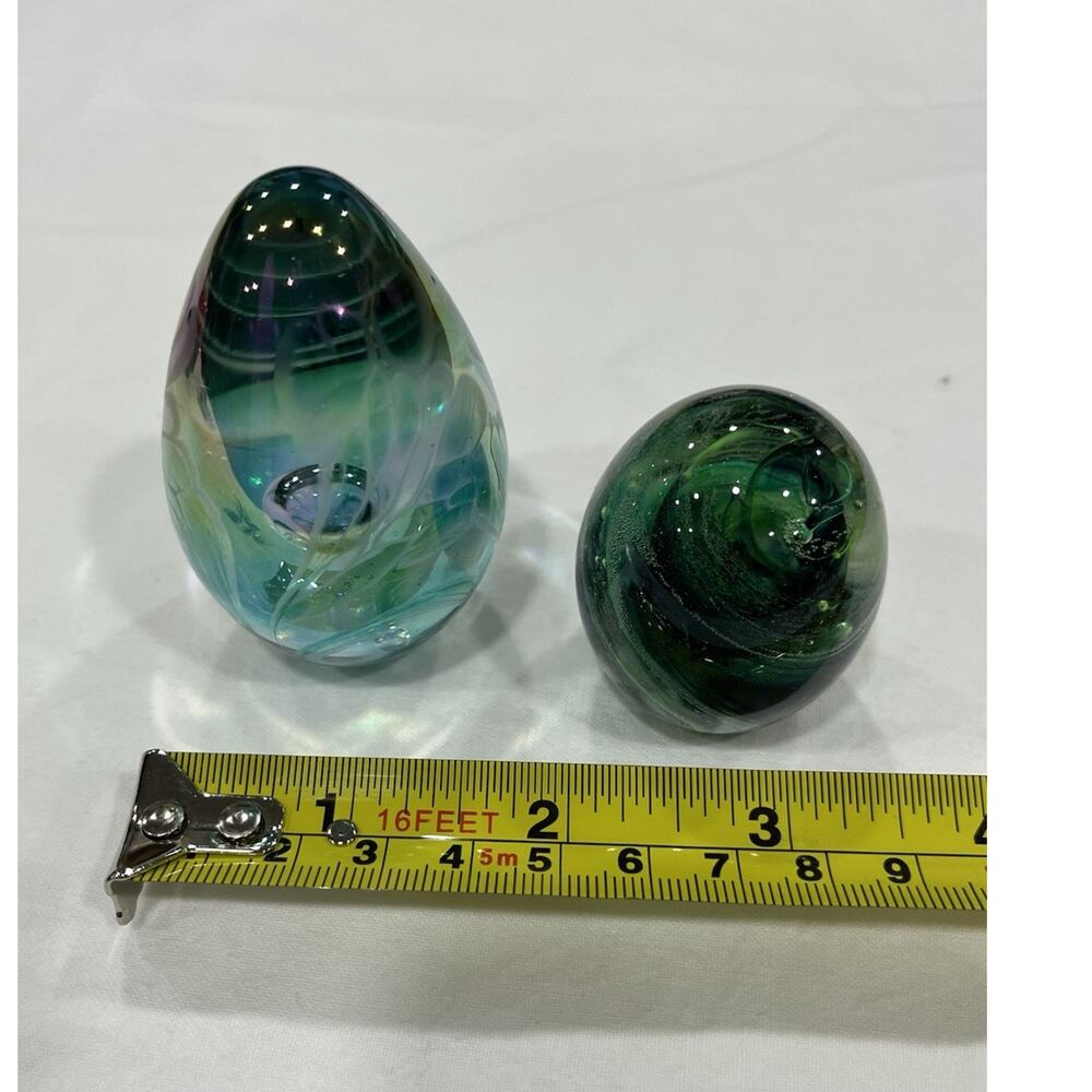 Art Glass Decorative Paperweights Set of 2 Green Blue Glossy Swirl Design